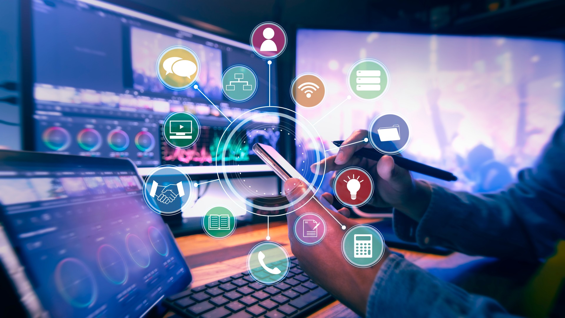 Film editor and workflows diagram in Post Production process. creativity for storytelling, Data storage, cloud computing system, client and budget